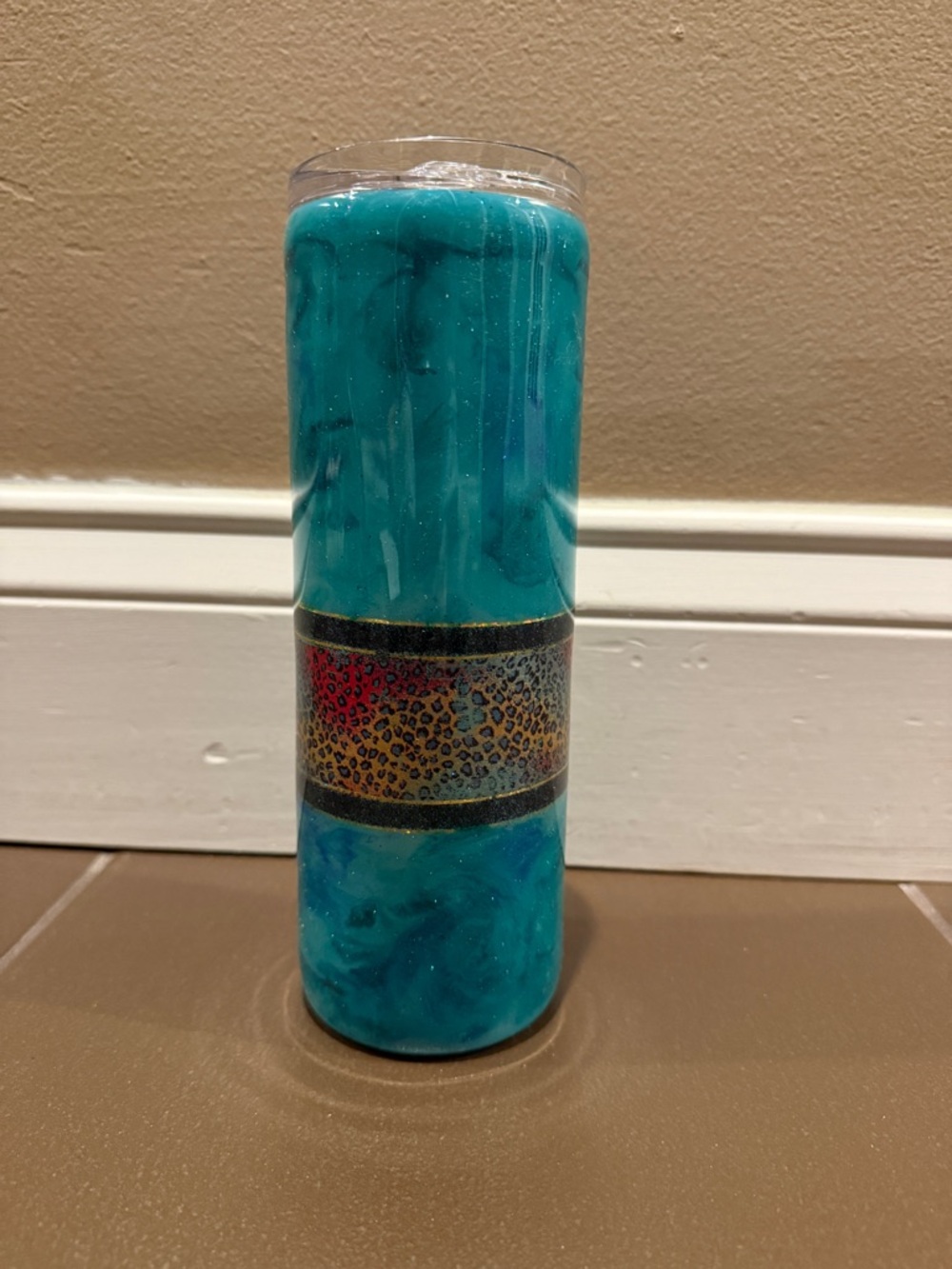 Turquoise Swirl Decorative Cup with Leopard Band